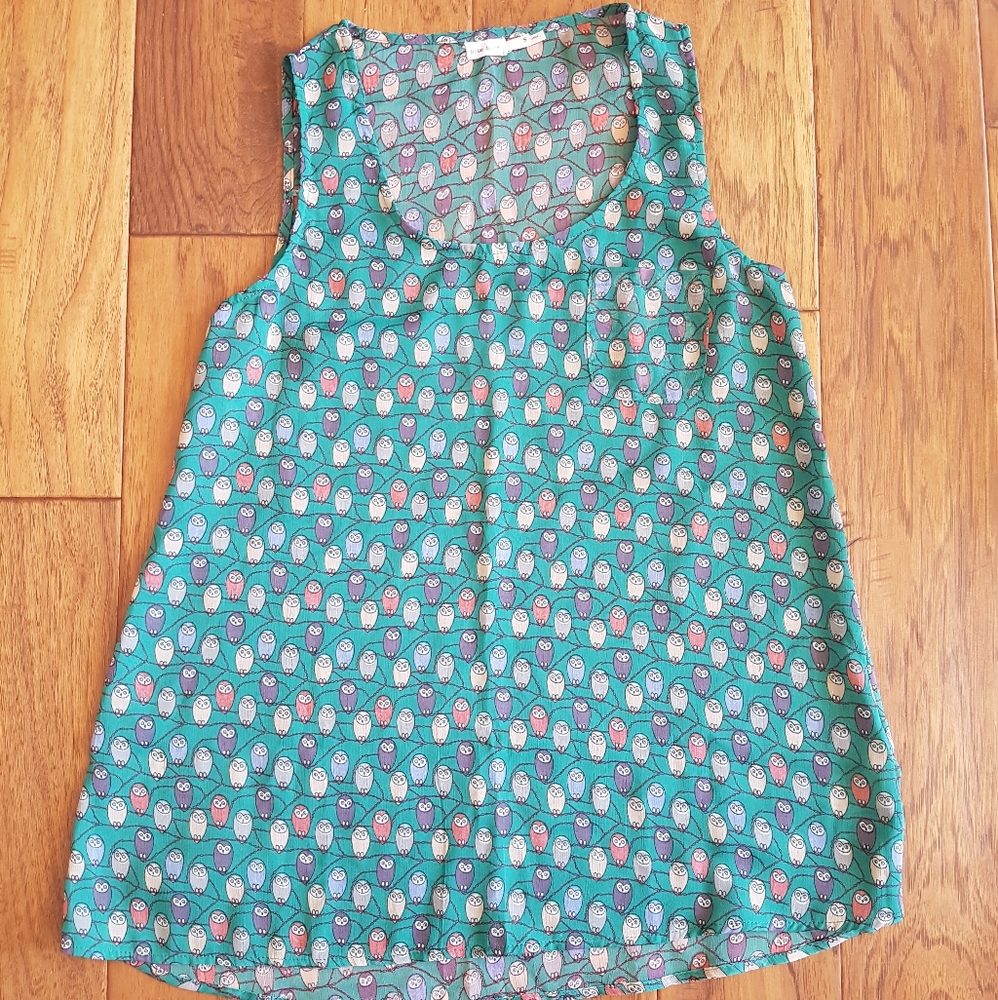 Blue Bird Sheer Green Owl Print Sheer Tank Pocket